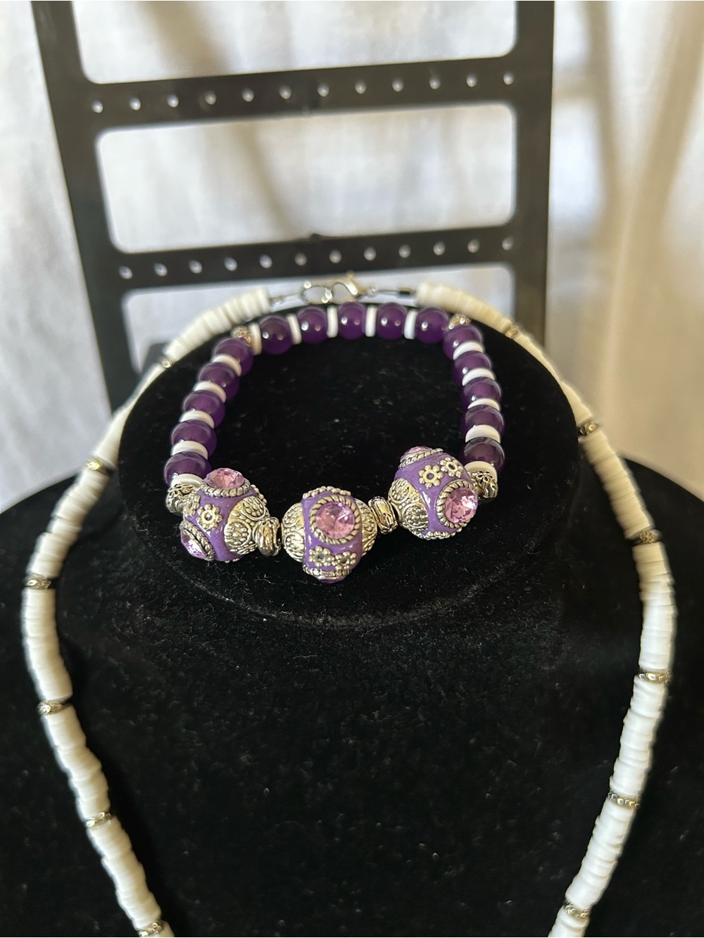 Purple Beaded Stretch Bracelet with Crystal Accent